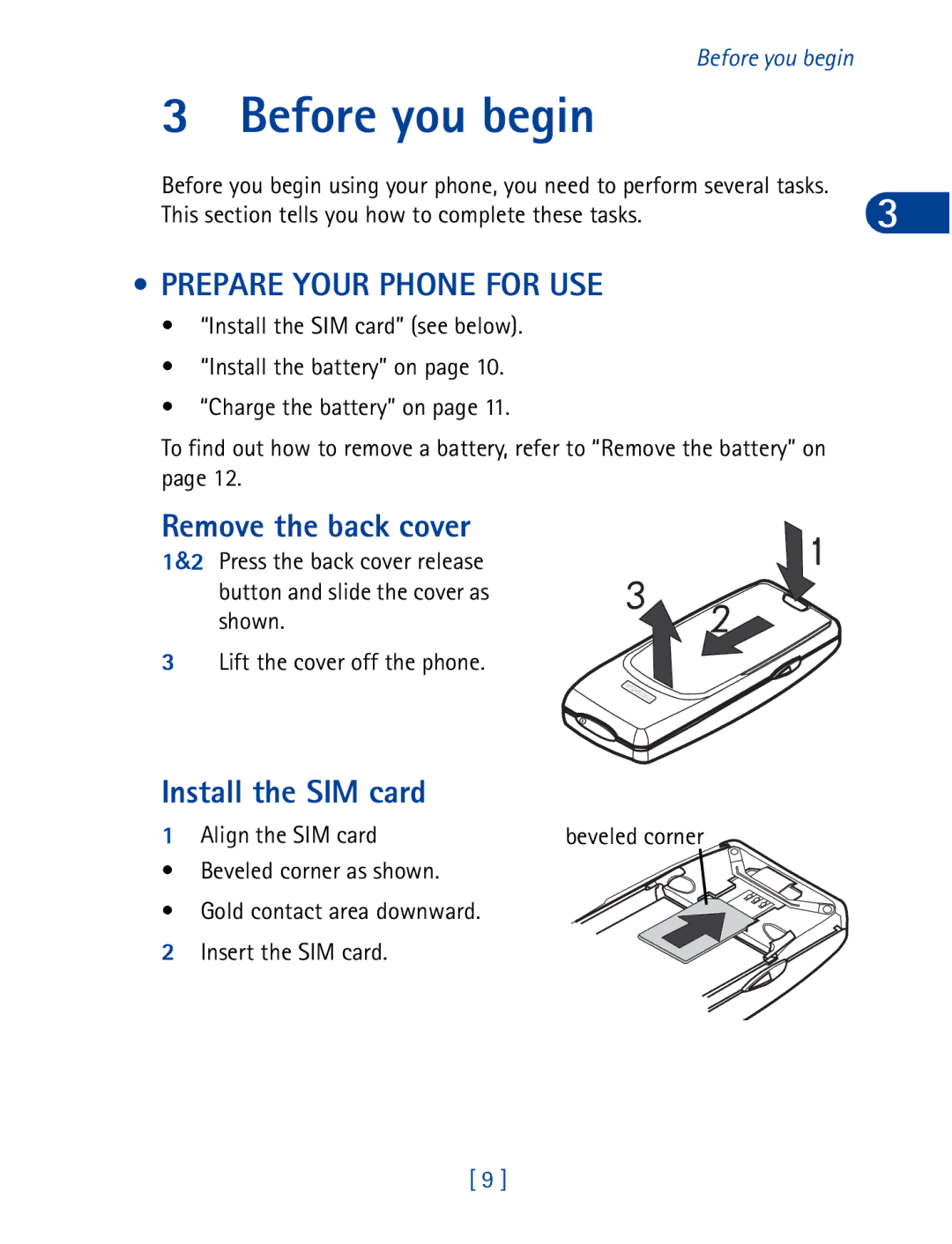 Nokia 3395 manual Before you begin, Prepare Your Phone for USE, Remove the back cover, Install the SIM card 