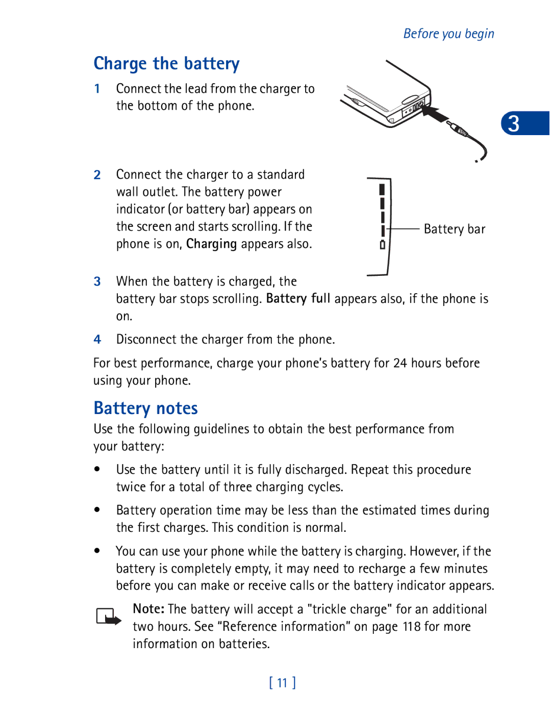 Nokia 3395 manual Charge the battery, Battery notes 