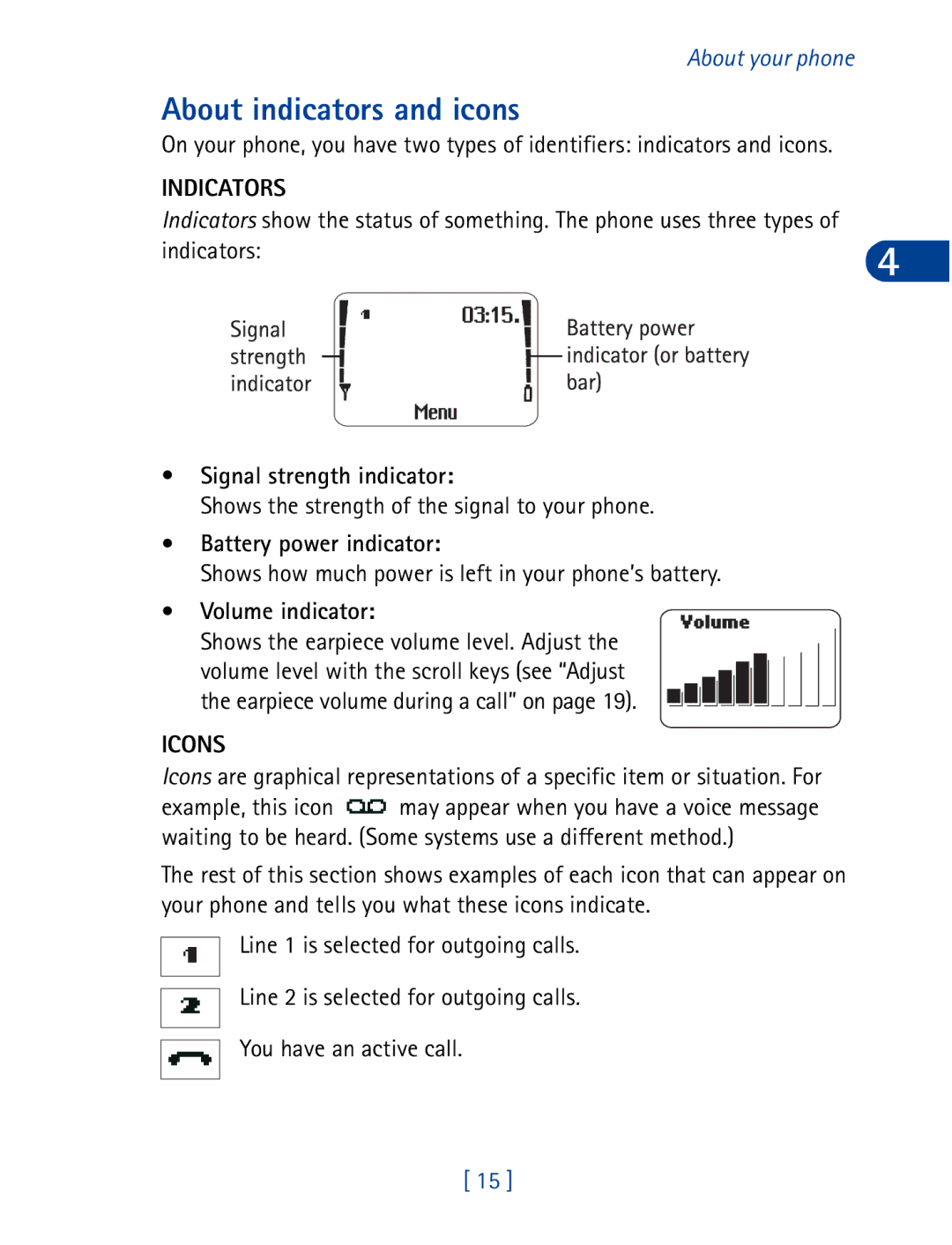 Nokia 3395 manual About indicators and icons, Signal strength indicator, Battery power indicator, Volume indicator, Icons 