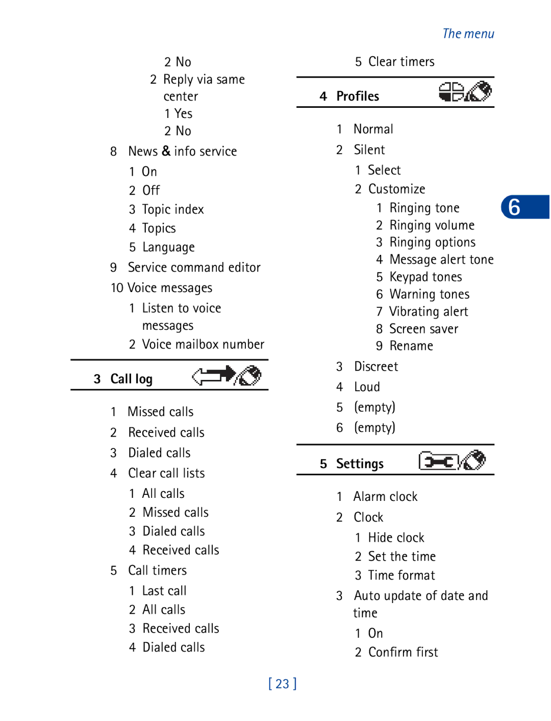 Nokia 3395 manual Call log, Profiles, Settings 