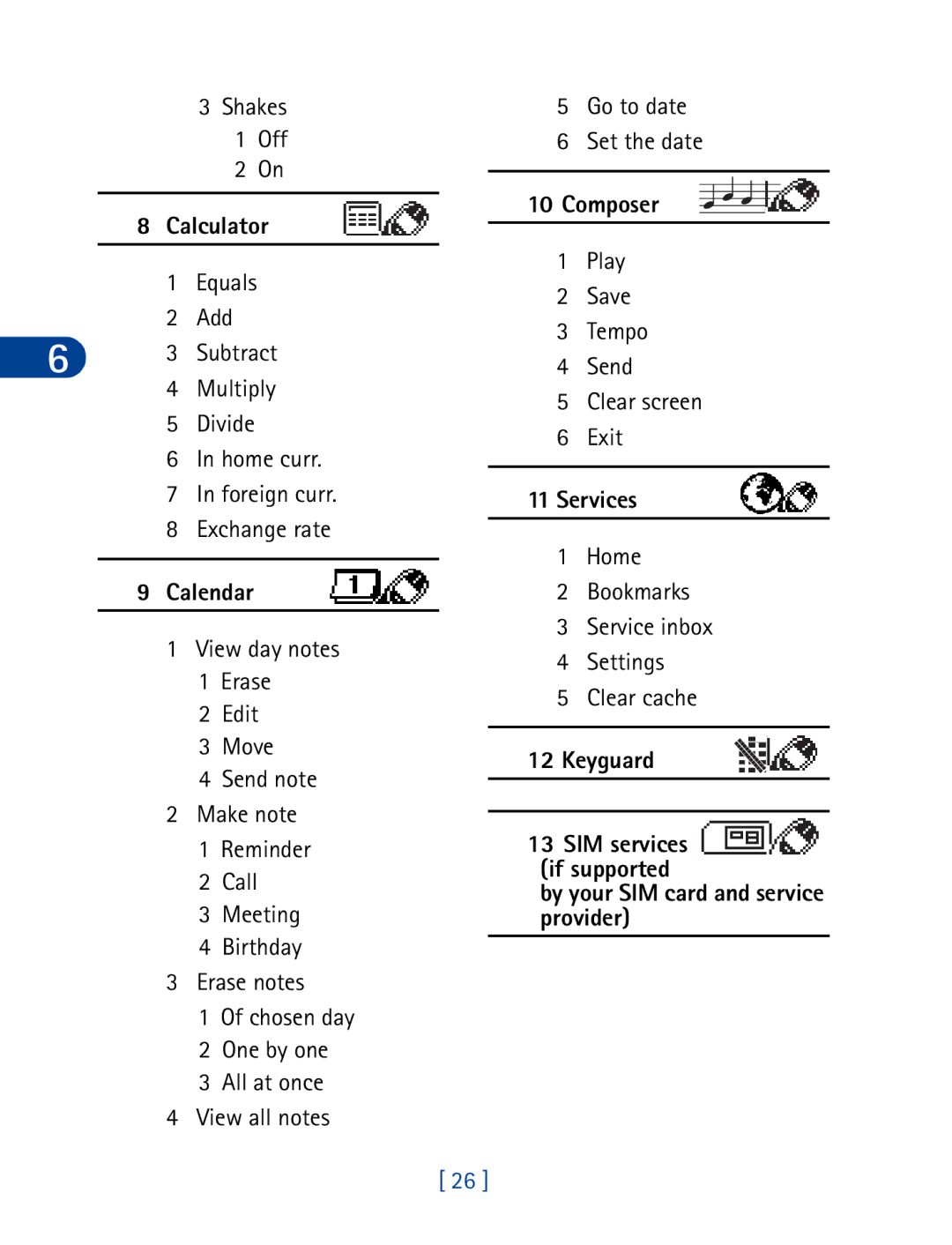 Nokia 3395 manual Calculator, Calendar, Composer, Services, Keyguard, By your SIM card and service provider 