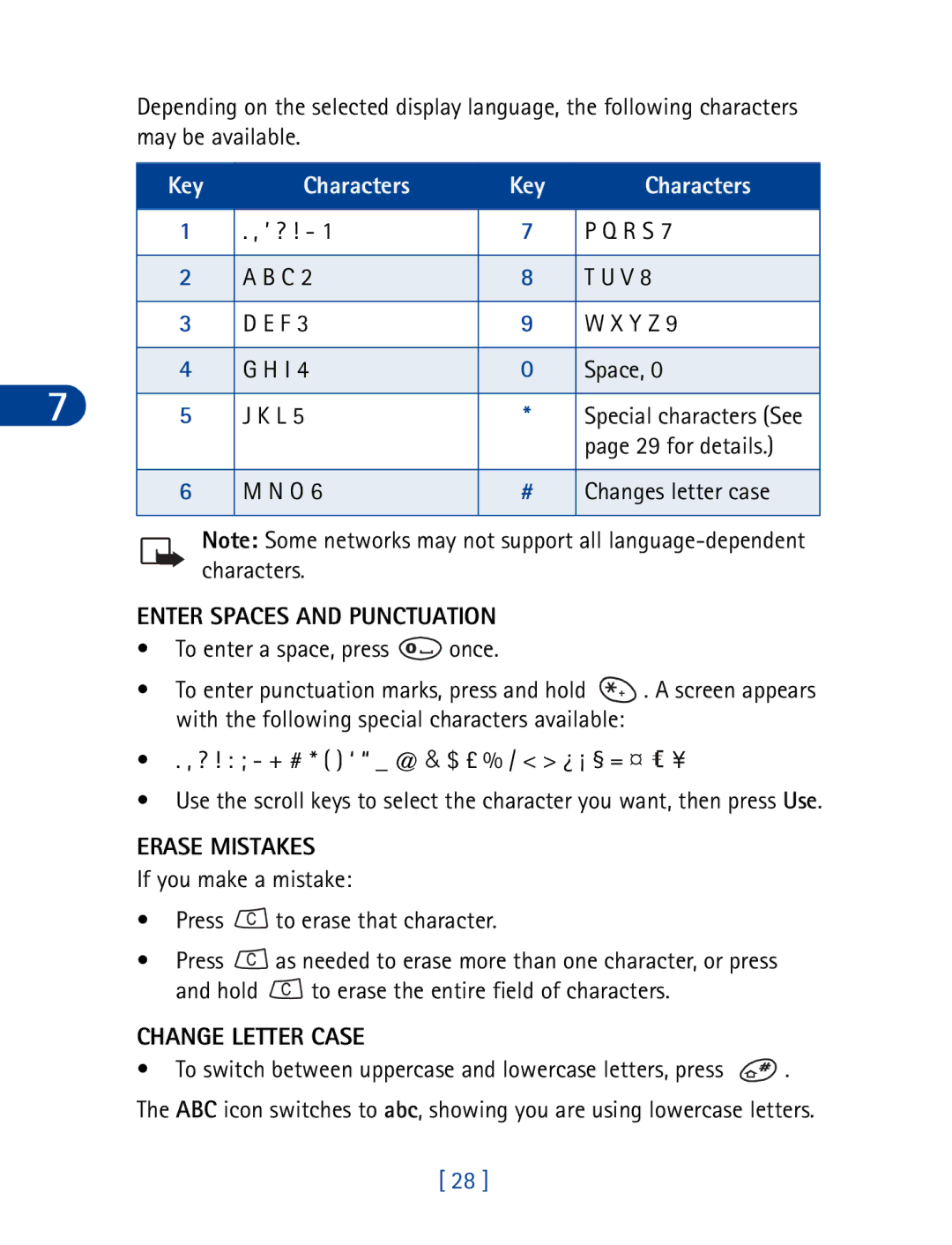 Nokia 3395 manual Enter Spaces and Punctuation, Erase Mistakes, Change Letter Case 