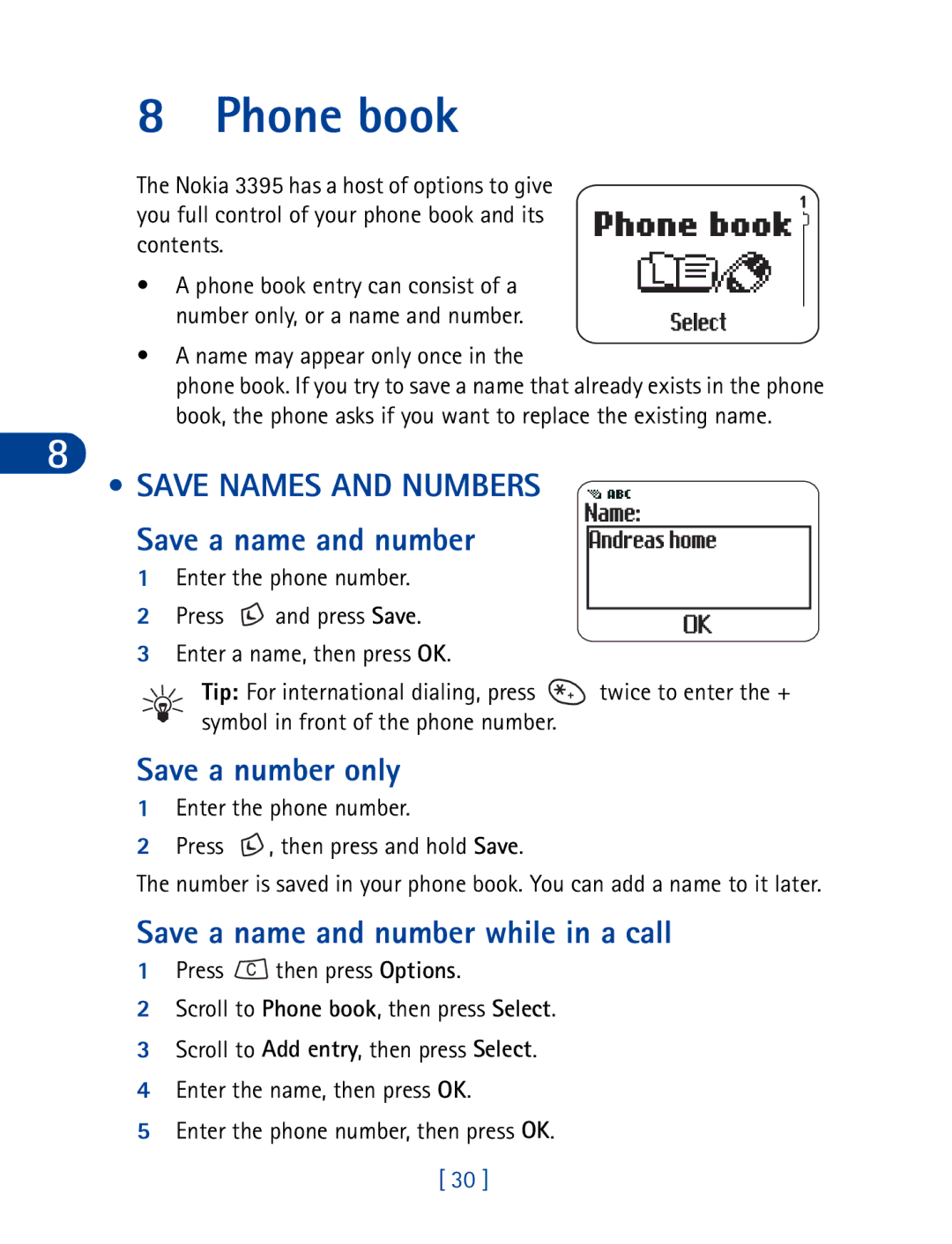 Nokia 3395 manual Phone book, Save Names and Numbers, Save a name and number, Save a number only 