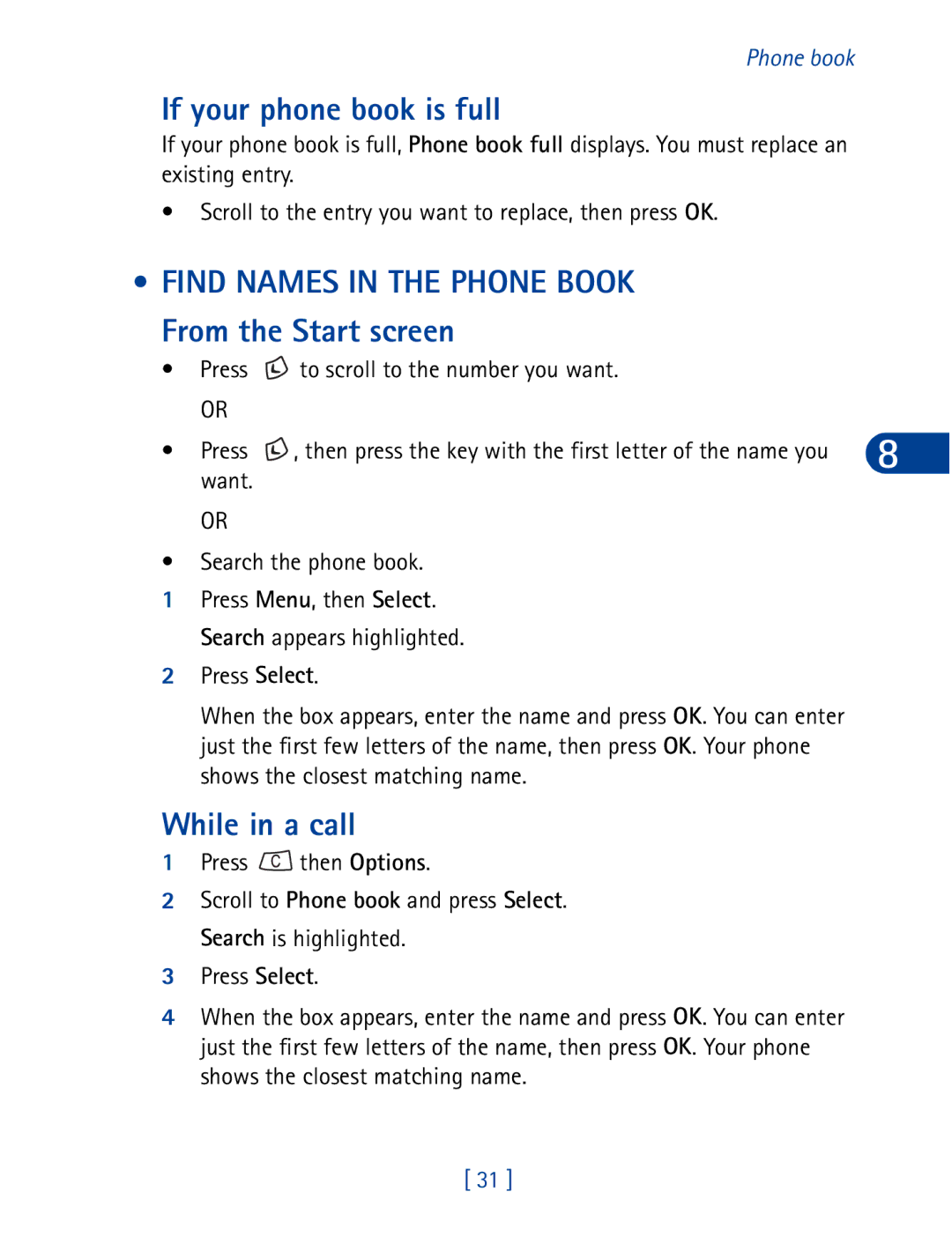 Nokia 3395 manual If your phone book is full, Find Names in the Phone Book From the Start screen, While in a call 