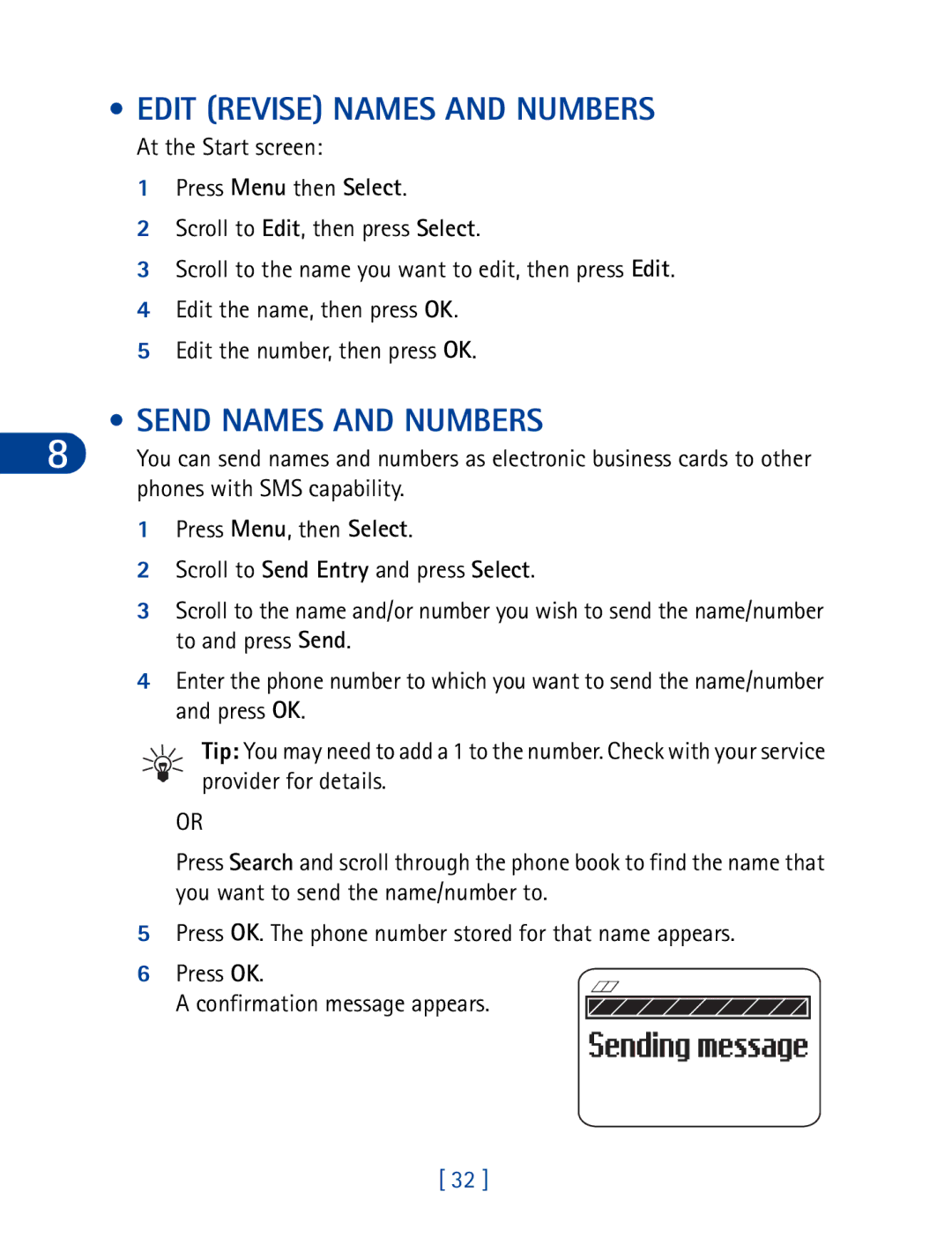 Nokia 3395 manual Edit Revise Names and Numbers, Send Names and Numbers 