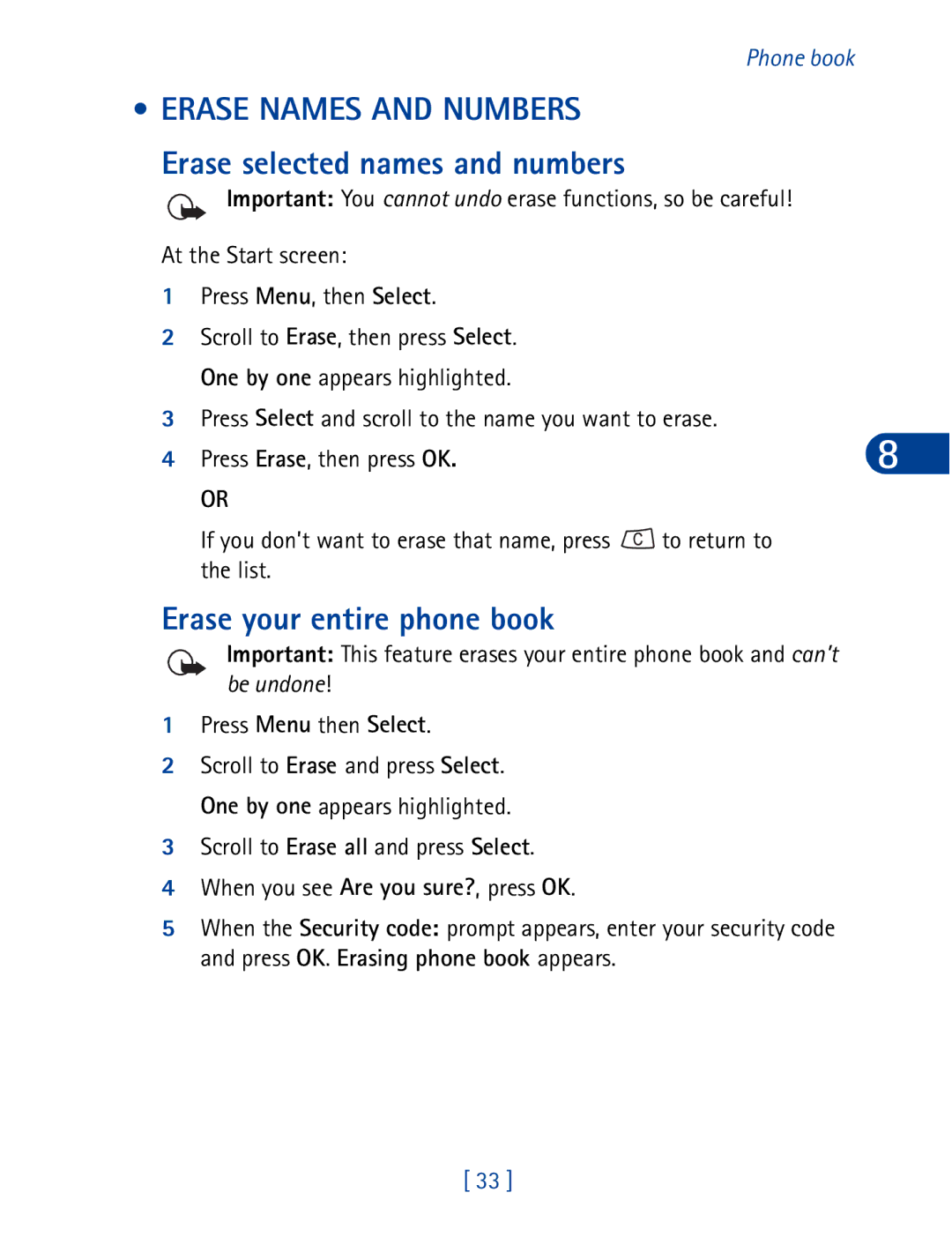 Nokia 3395 manual Erase Names and Numbers, Erase selected names and numbers, Erase your entire phone book 