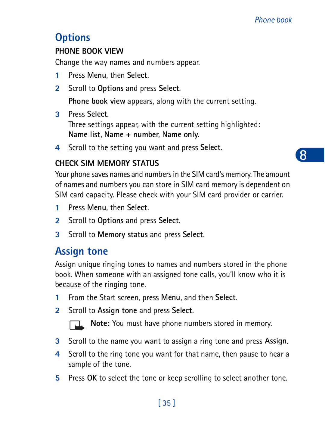 Nokia 3395 Options, Assign tone, Phone Book View, Scroll to the setting you want and press Select, Check SIM Memory Status 