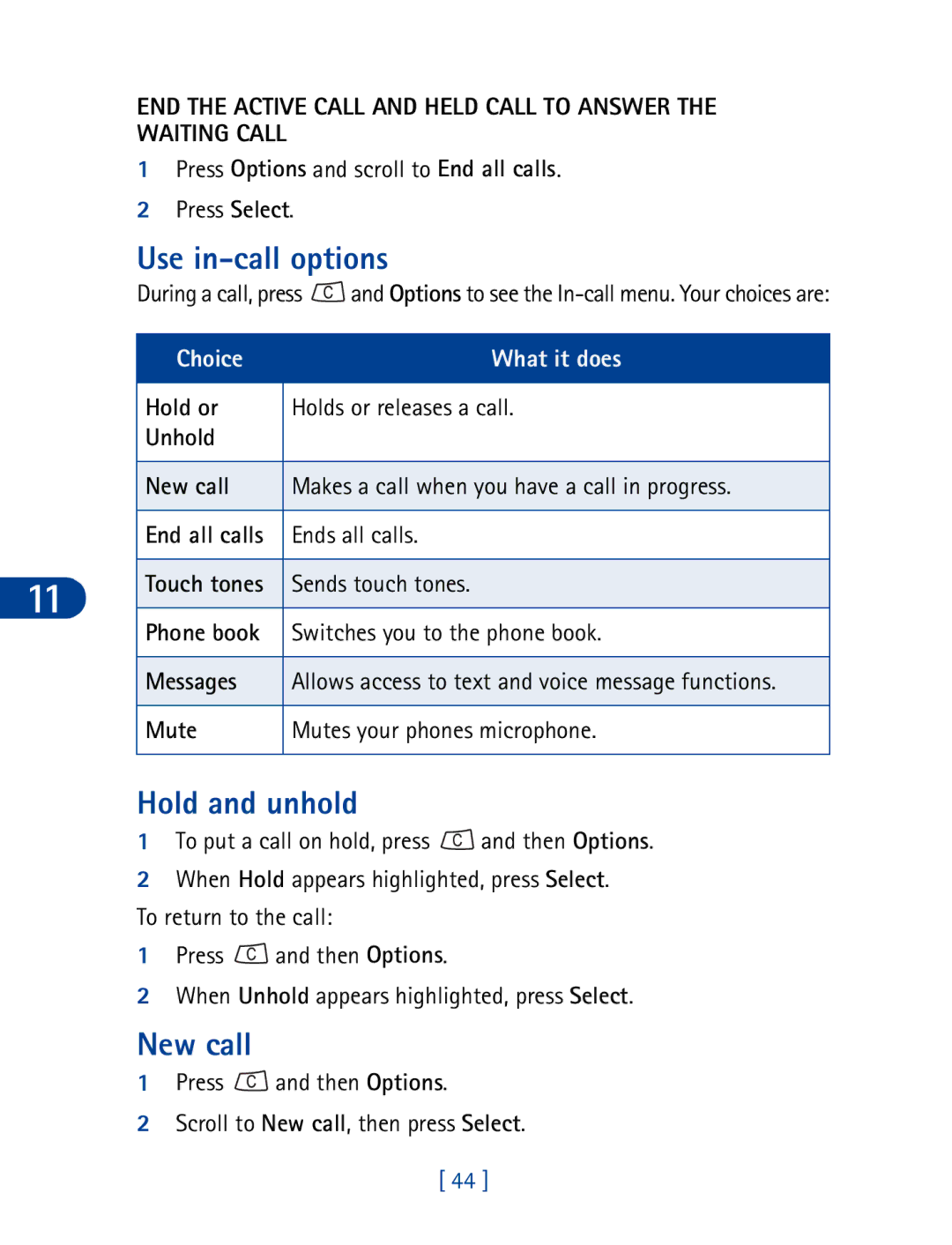 Nokia 3395 manual Use in-call options, Hold and unhold, New call, END the Active Call and Held Call to Answer Waiting Call 