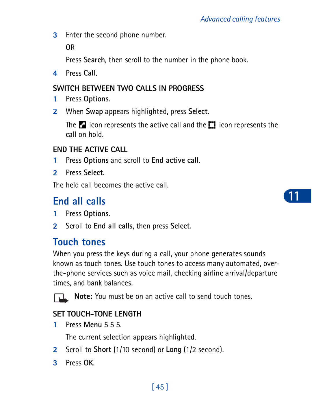 Nokia 3395 manual End all calls, Touch tones, Switch Between TWO Calls in Progress, SET TOUCH-TONE Length 