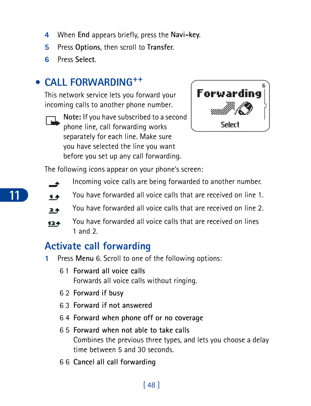 Nokia 3395 manual Call FORWARDING++, Activate call forwarding, Forward all voice calls, Cancel all call forwarding 