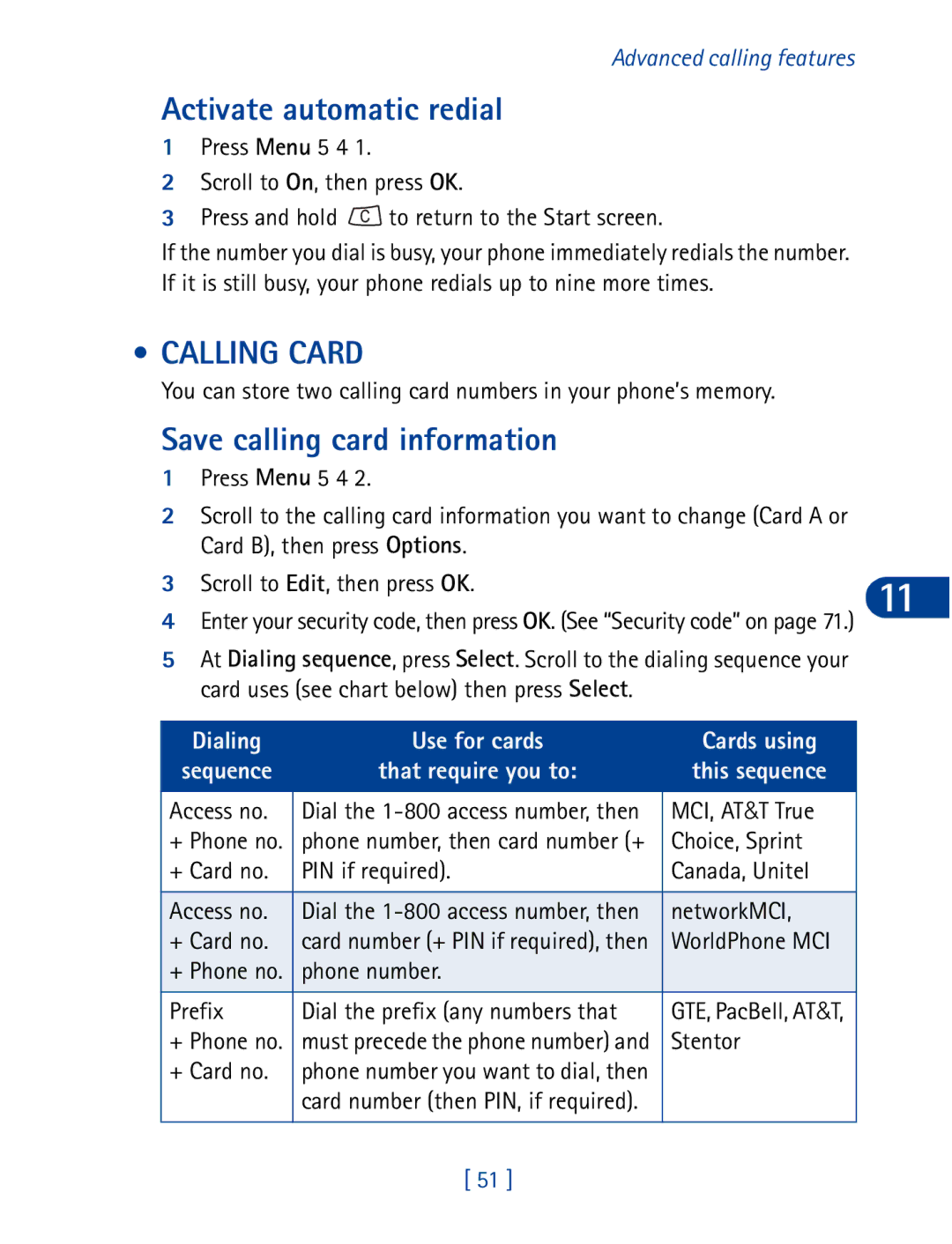 Nokia 3395 manual Activate automatic redial, Calling Card, Save calling card information 