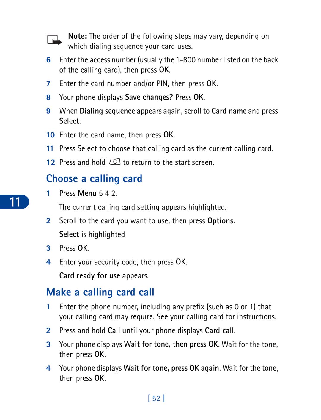 Nokia 3395 manual Choose a calling card, Make a calling card call, Press Menu 5 4 