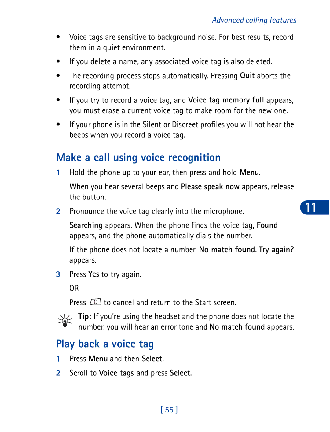 Nokia 3395 manual Make a call using voice recognition, Play back a voice tag 