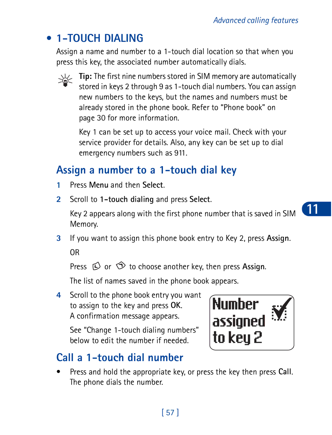 Nokia 3395 manual Touch Dialing, Assign a number to a 1-touch dial key, Call a 1-touch dial number 