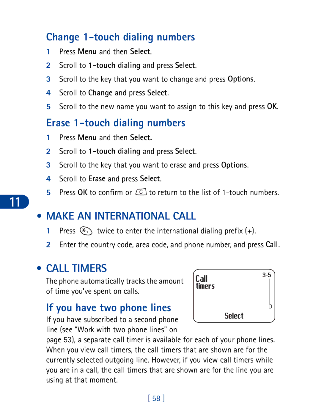 Nokia 3395 manual Change 1-touch dialing numbers, Erase 1-touch dialing numbers, Make AN International Call, Call Timers 