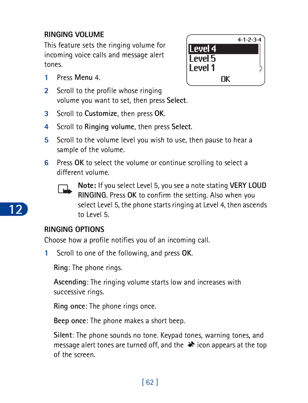 Nokia 3395 manual Ringing Volume, To Level, Ringing Options 