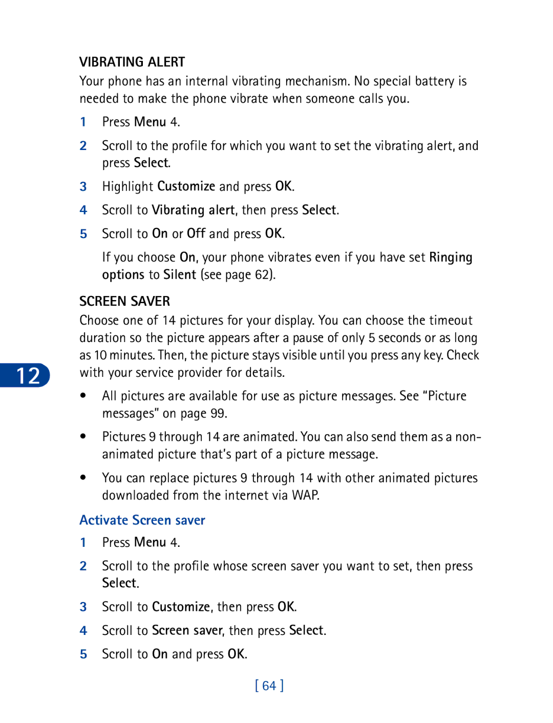 Nokia 3395 manual Vibrating Alert, Screen Saver 