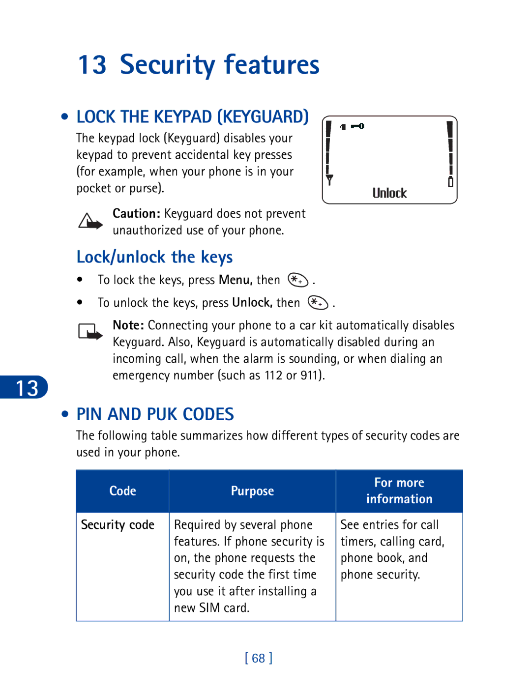 Nokia 3395 manual Security features, Lock the Keypad Keyguard, Lock/unlock the keys, PIN and PUK Codes 