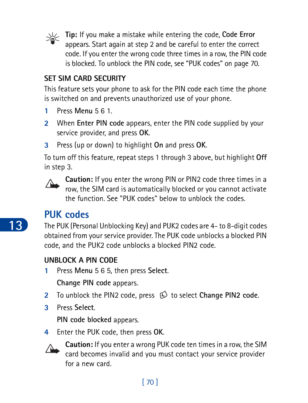 Nokia 3395 manual PUK codes, SET SIM Card Security, Unblock a PIN Code, PIN code blocked appears 