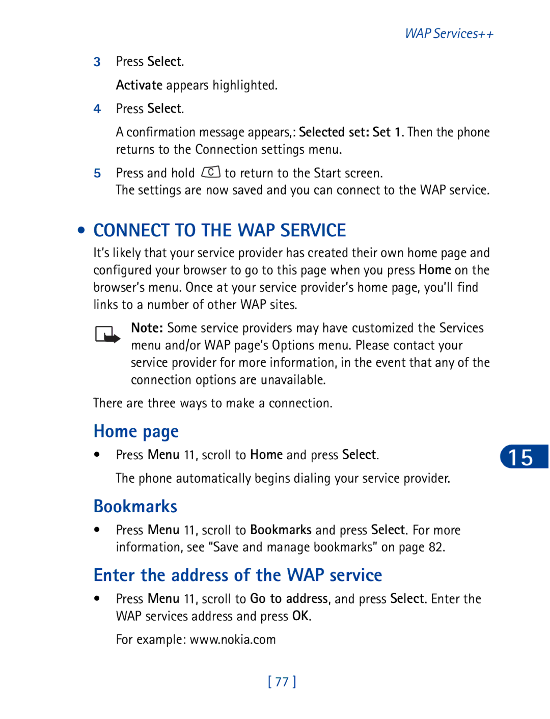 Nokia 3395 manual Connect to the WAP Service, Home, Bookmarks, Enter the address of the WAP service 