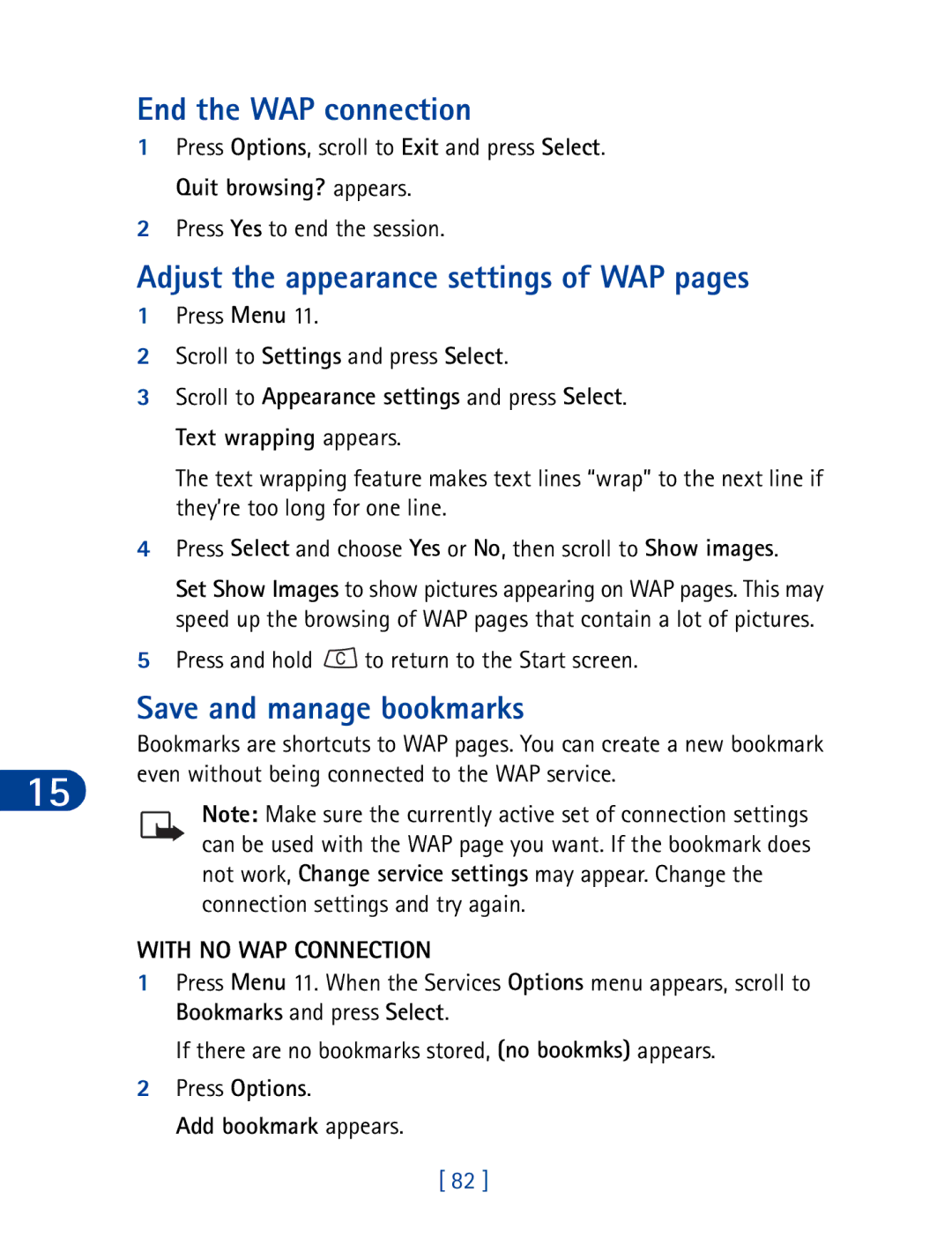 Nokia 3395 manual End the WAP connection, Adjust the appearance settings of WAP pages, Save and manage bookmarks 