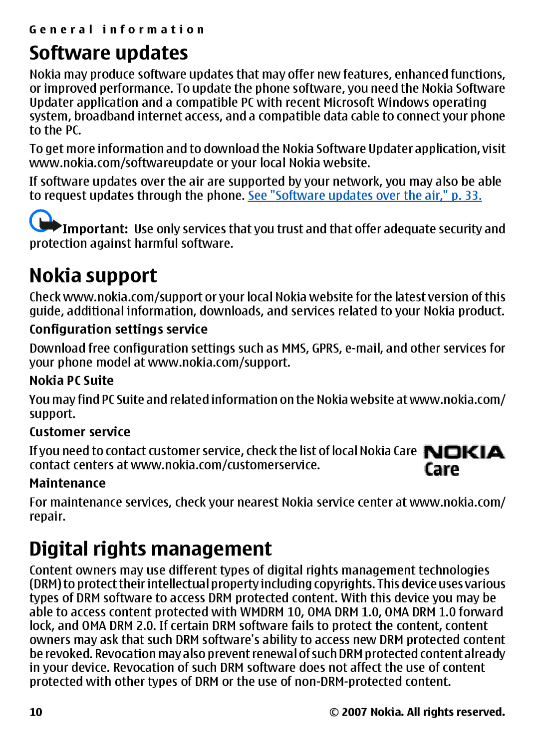 Nokia 3500 manual Software updates, Nokia support, Digital rights management 