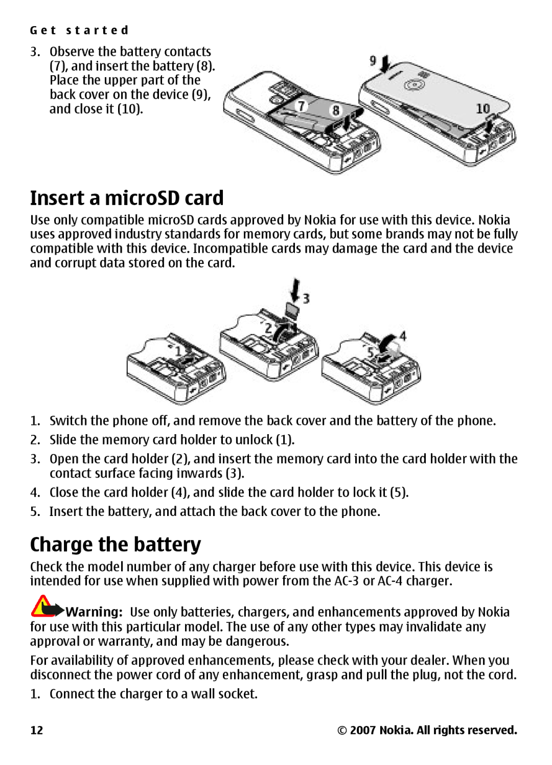 Nokia 3500 manual Insert a microSD card, Charge the battery 