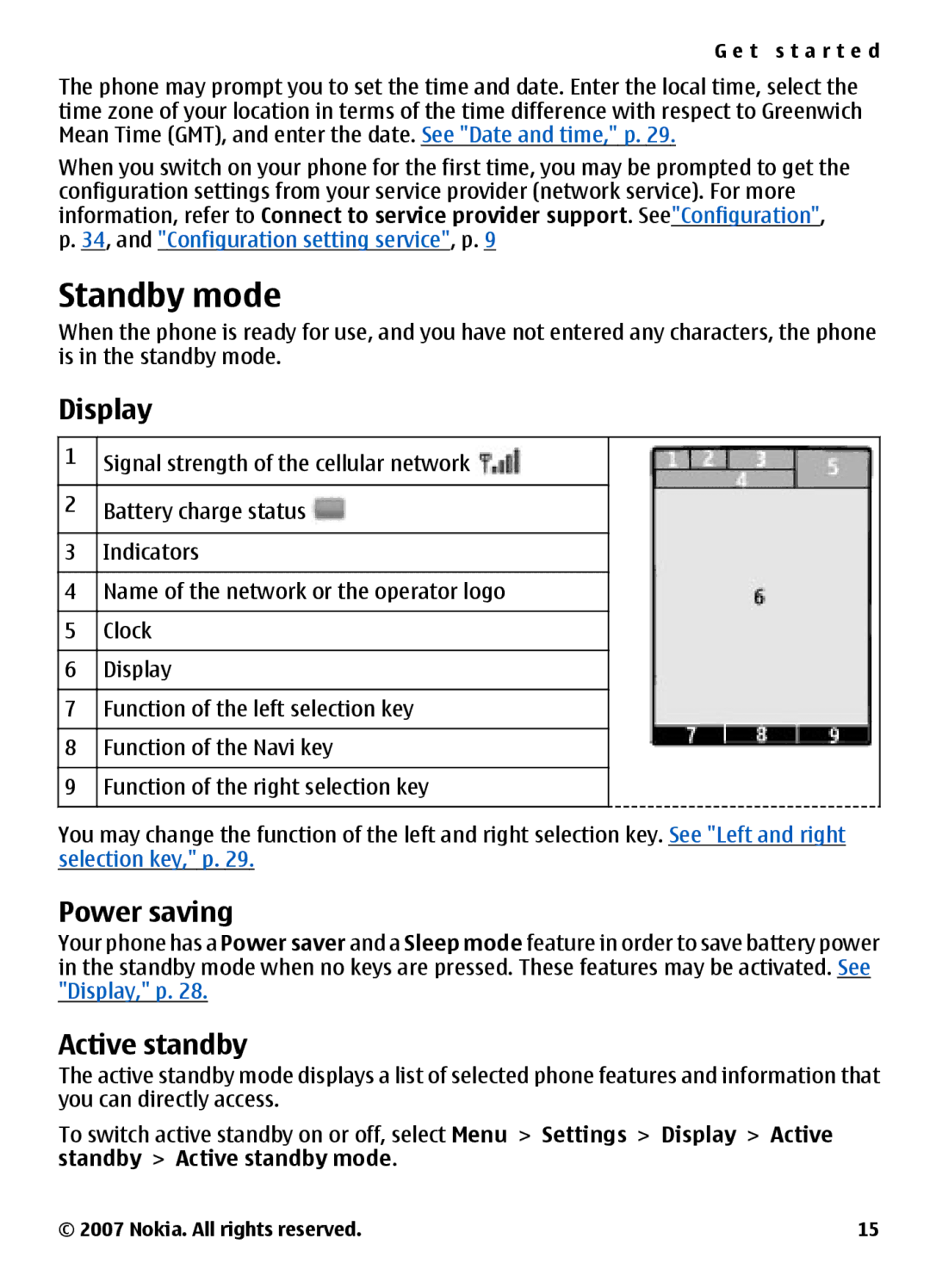 Nokia 3500 manual Standby mode, Display, Power saving, Active standby 