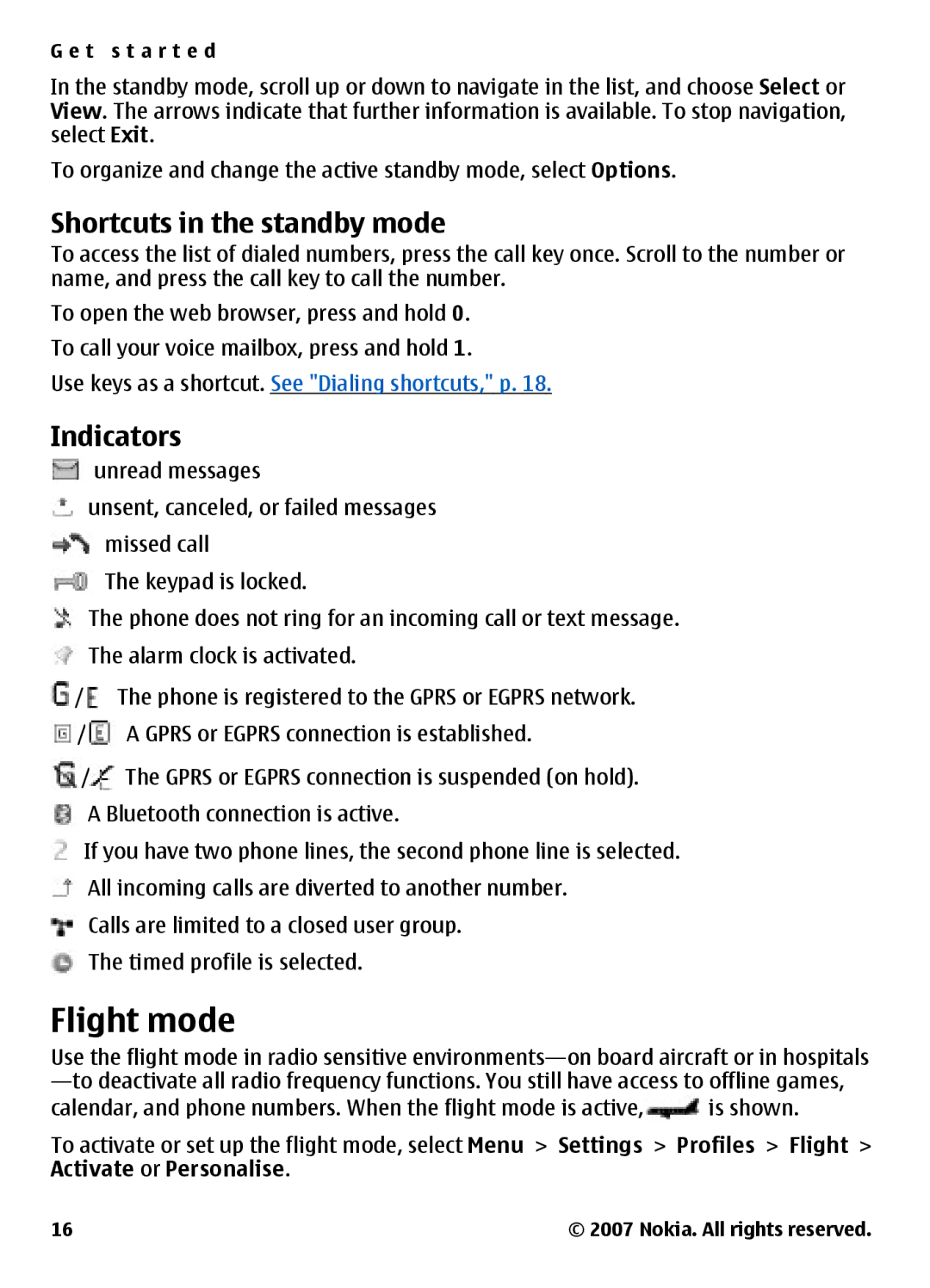 Nokia 3500 manual Flight mode, Shortcuts in the standby mode, Indicators 