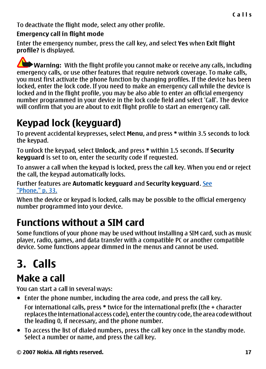 Nokia 3500 manual Calls, Keypad lock keyguard, Functions without a SIM card, Make a call, Emergency call in flight mode 