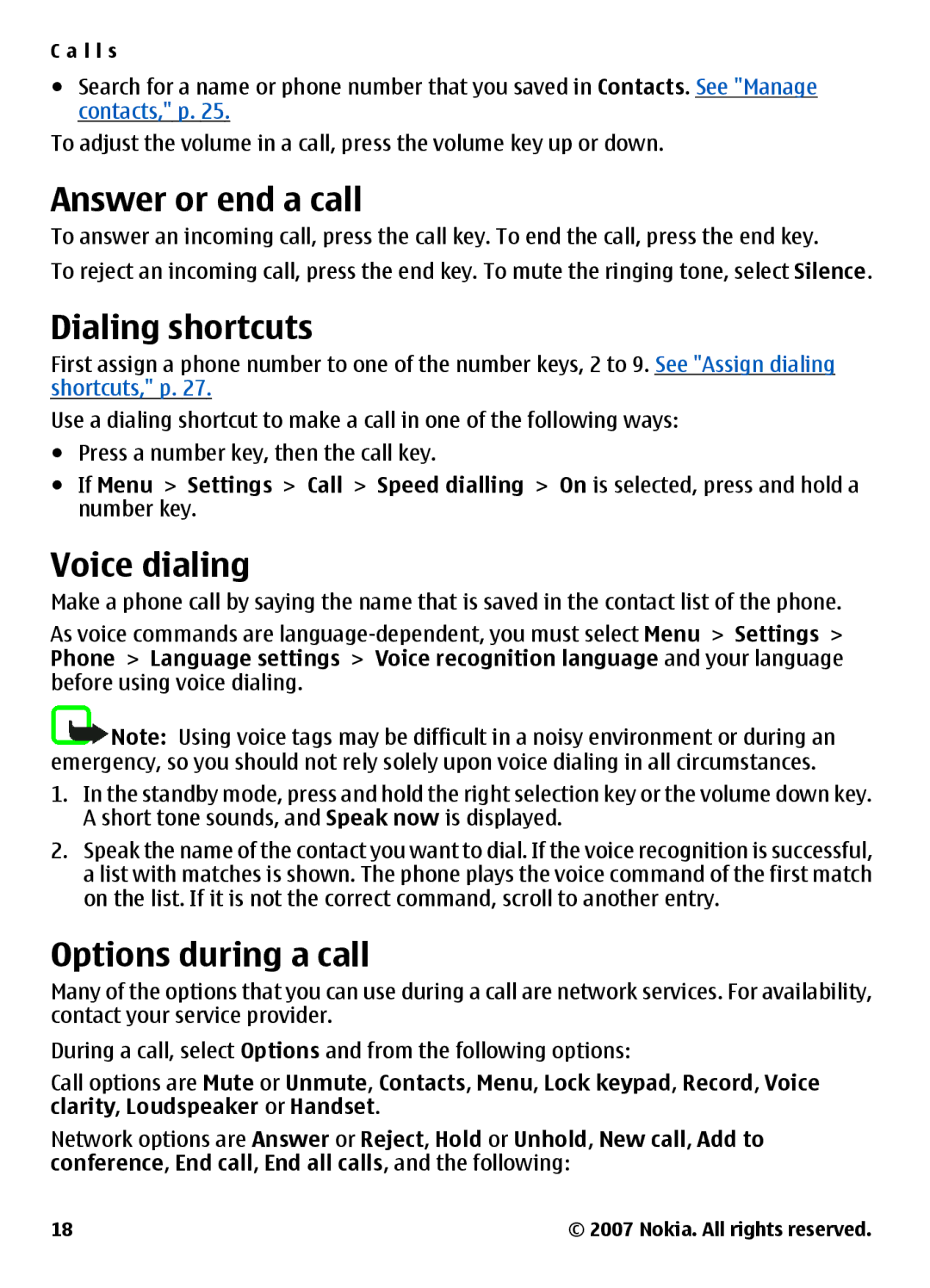 Nokia 3500 manual Answer or end a call, Dialing shortcuts, Voice dialing, Options during a call 