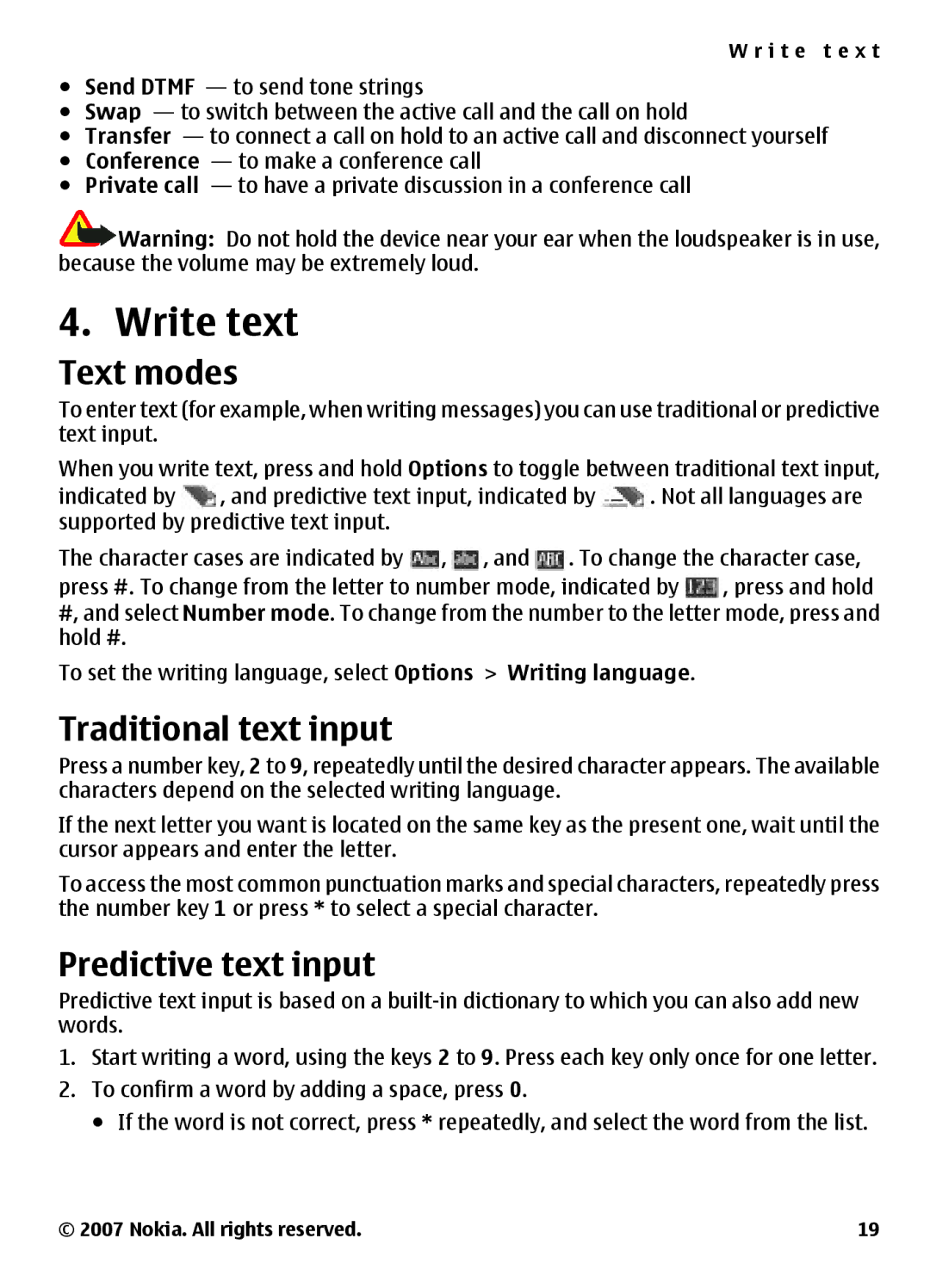 Nokia 3500 manual Write text, Text modes, Traditional text input, Predictive text input 