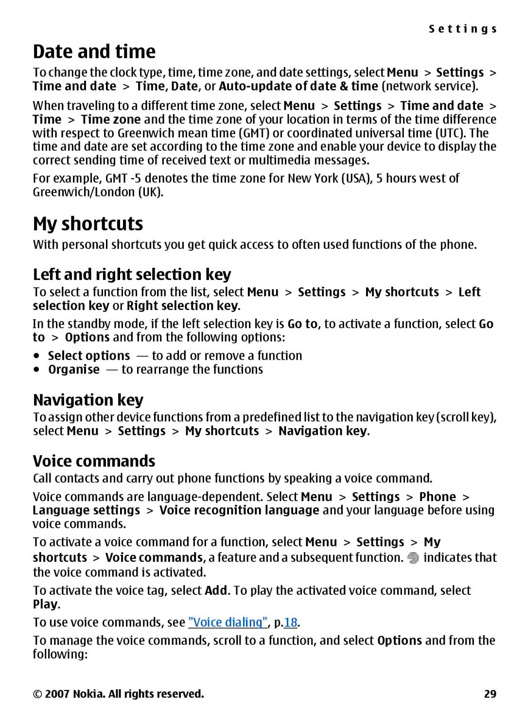 Nokia 3500 manual Date and time, My shortcuts, Left and right selection key, Navigation key, Voice commands 