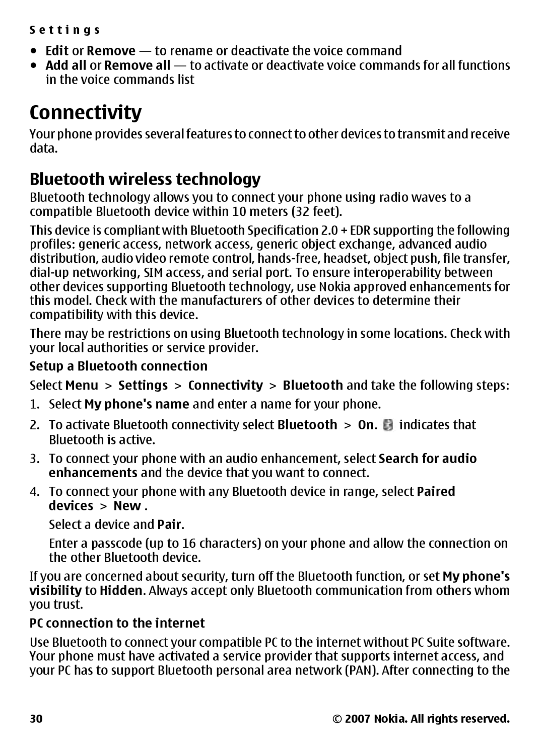 Nokia 3500 manual Connectivity, Bluetooth wireless technology, PC connection to the internet 