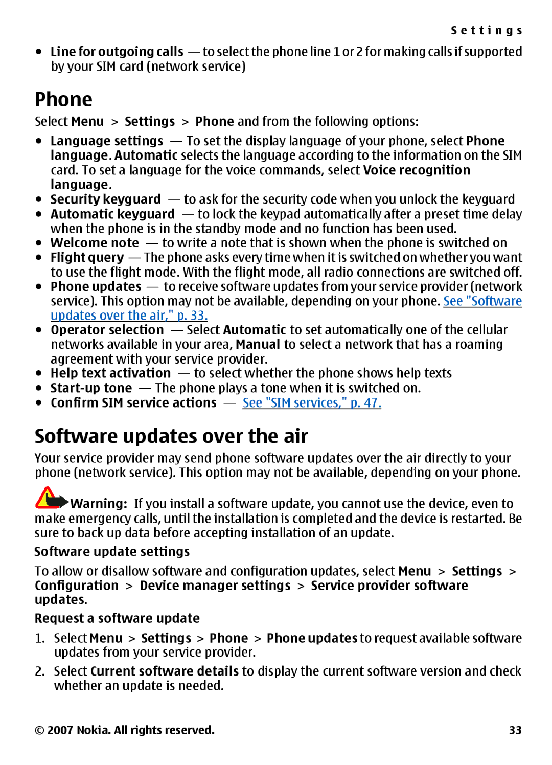 Nokia 3500 Phone, Software updates over the air, Confirm SIM service actions See SIM services, p, Software update settings 