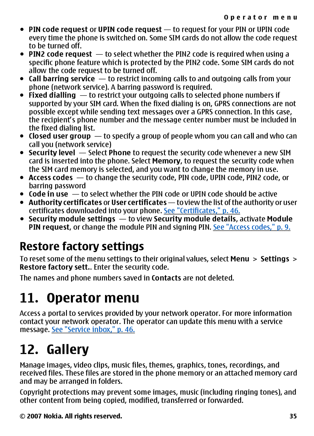 Nokia 3500 manual Operator menu, Gallery, Restore factory settings 