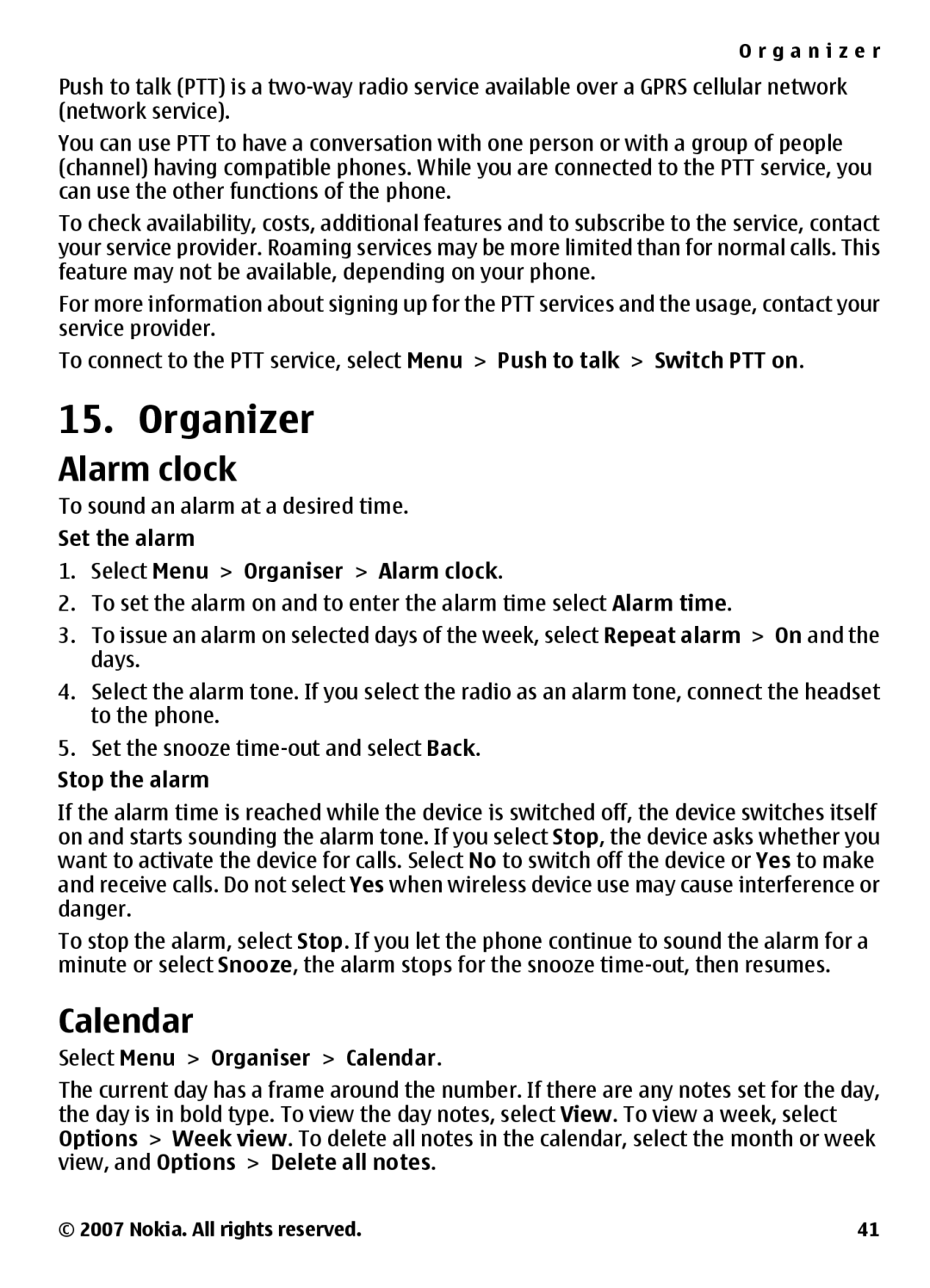 Nokia 3500 manual Organizer, Alarm clock, Calendar 