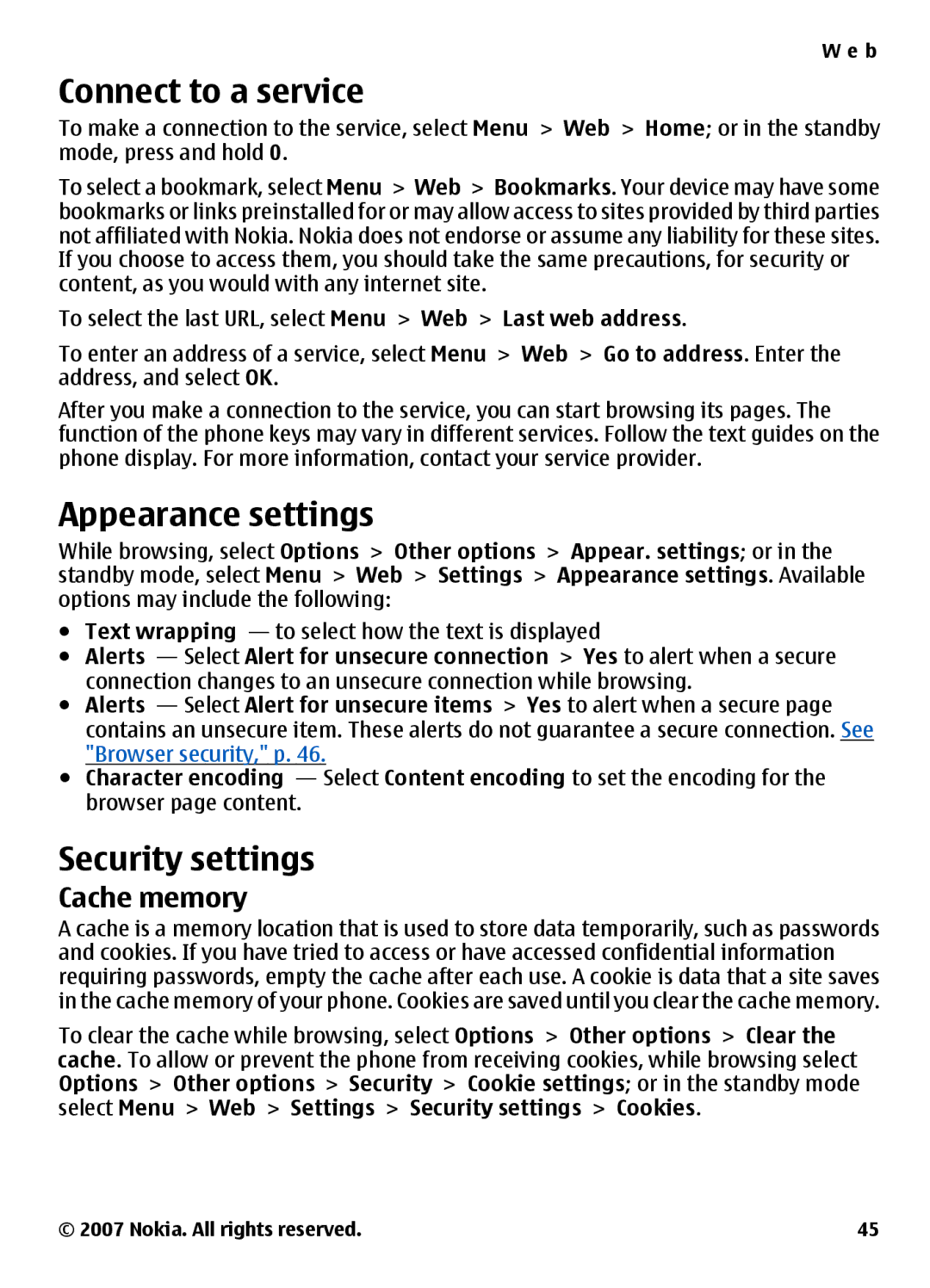 Nokia 3500 manual Connect to a service, Appearance settings, Security settings, Cache memory 