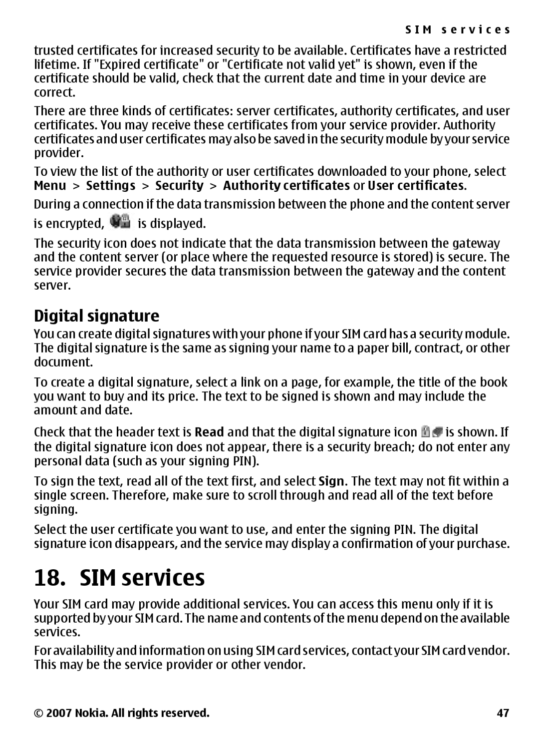 Nokia 3500 manual SIM services, Digital signature 