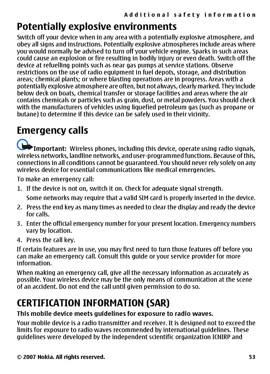 Nokia 3500 manual Potentially explosive environments, Emergency calls 