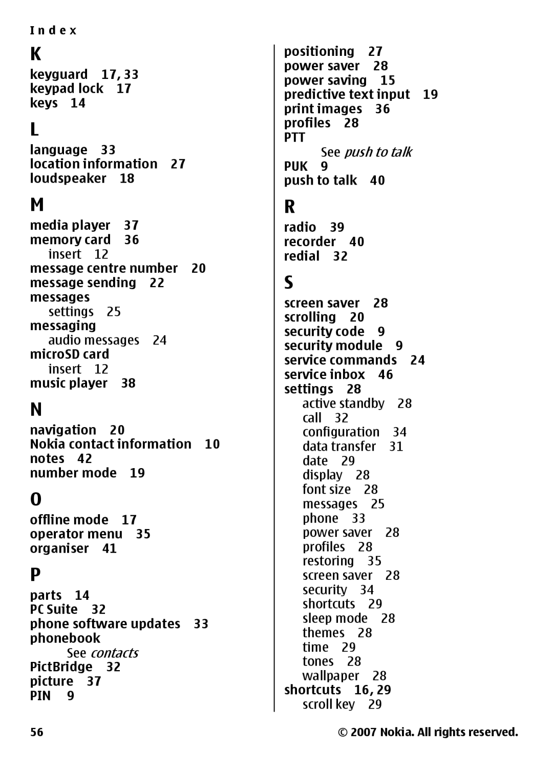 Nokia 3500 manual Phonebook, PictBridge, Picture, Positioning, Predictive text input, Profiles, Push to talk, Scrolling 