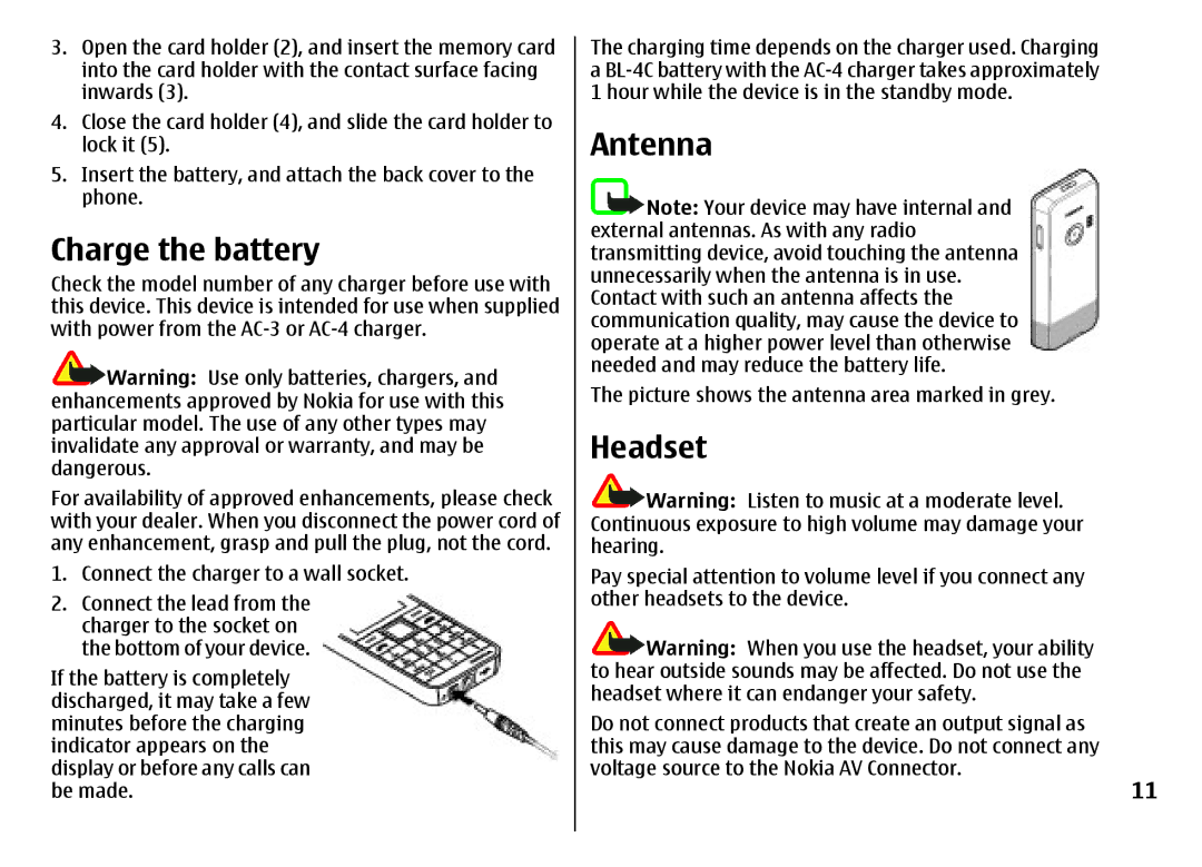 Nokia 3500 manual Charge the battery, Antenna, Headset, Connect the charger to a wall socket 