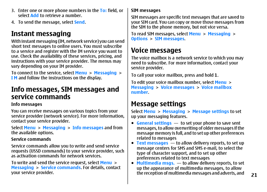 Nokia 3500 manual Instant messaging, Info messages, SIM messages and service commands, Voice messages, Message settings 