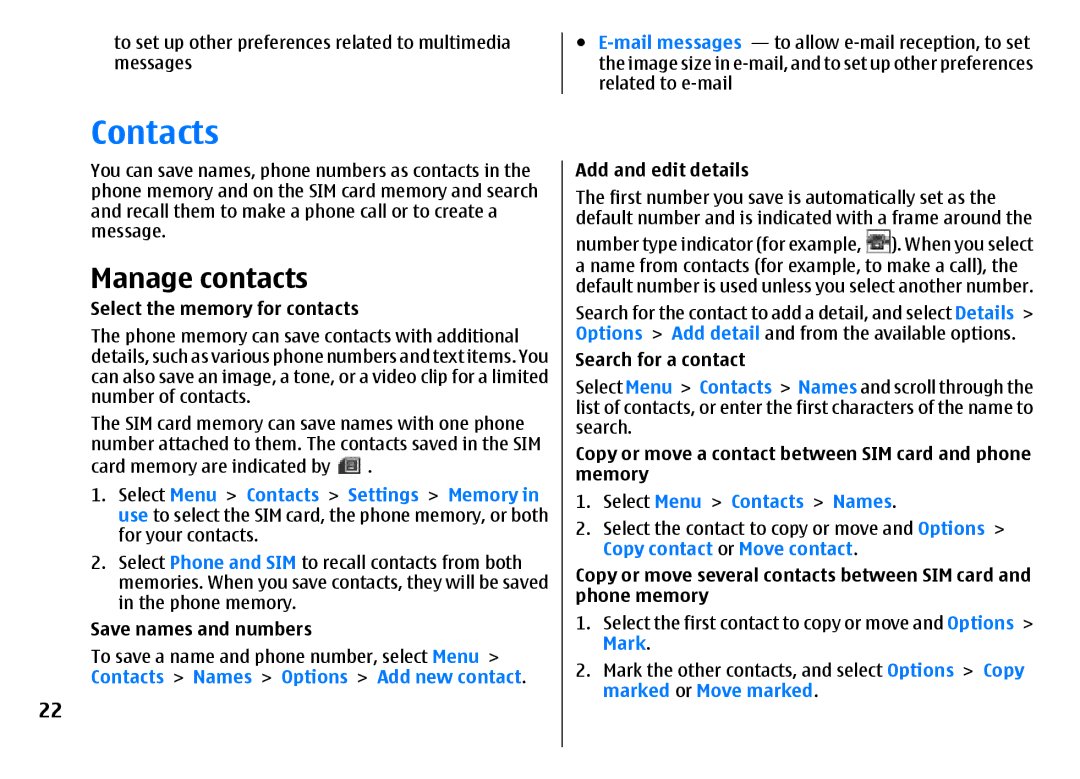 Nokia 3500 manual Manage contacts, Select Menu Contacts Names, Copy contact or Move contact, Mark 