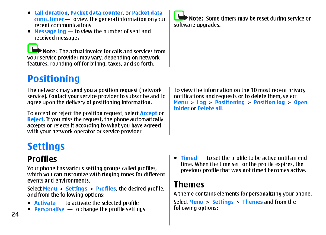 Nokia 3500 manual Positioning, Settings, Profiles, Themes 