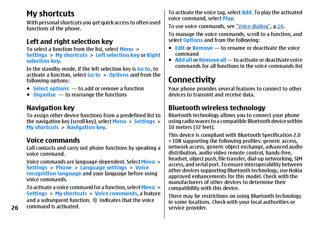 Nokia 3500 manual My shortcuts, Connectivity 