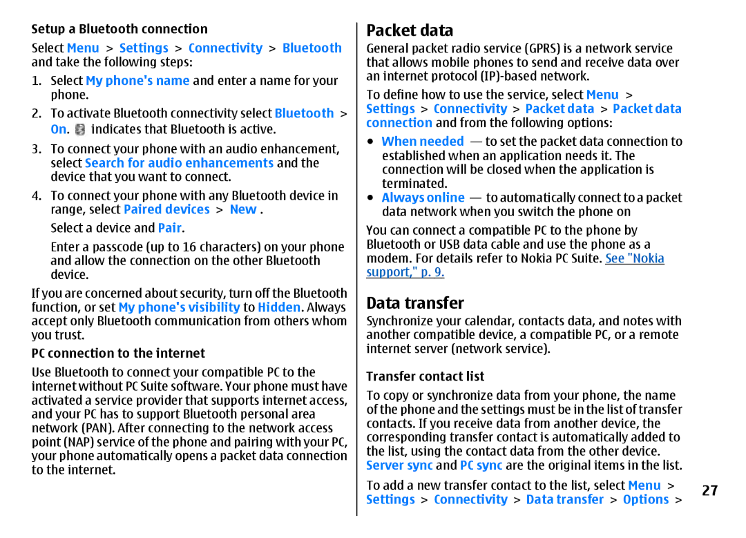 Nokia 3500 Packet data, Data transfer, Setup a Bluetooth connection, PC connection to the internet, Transfer contact list 