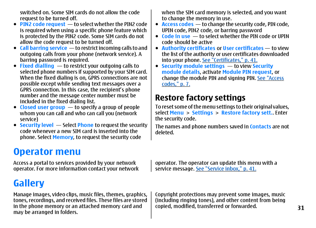Nokia 3500 manual Operator menu, Gallery, Restore factory settings, Security code 