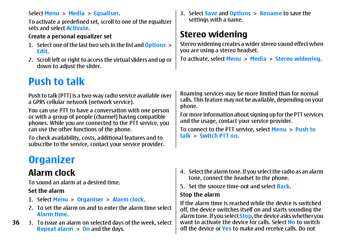 Nokia 3500 manual Push to talk, Organizer, Alarm clock, Stereo widening 