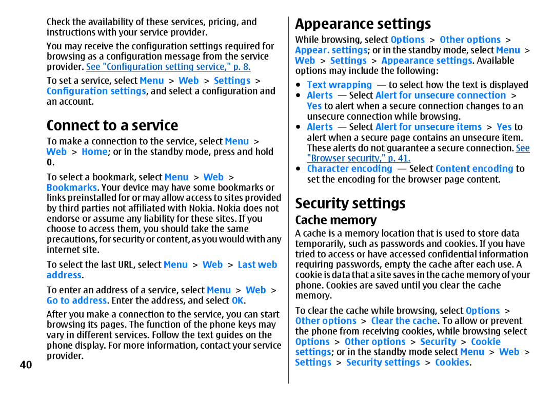 Nokia 3500 manual Connect to a service, Appearance settings, Security settings, Cache memory 